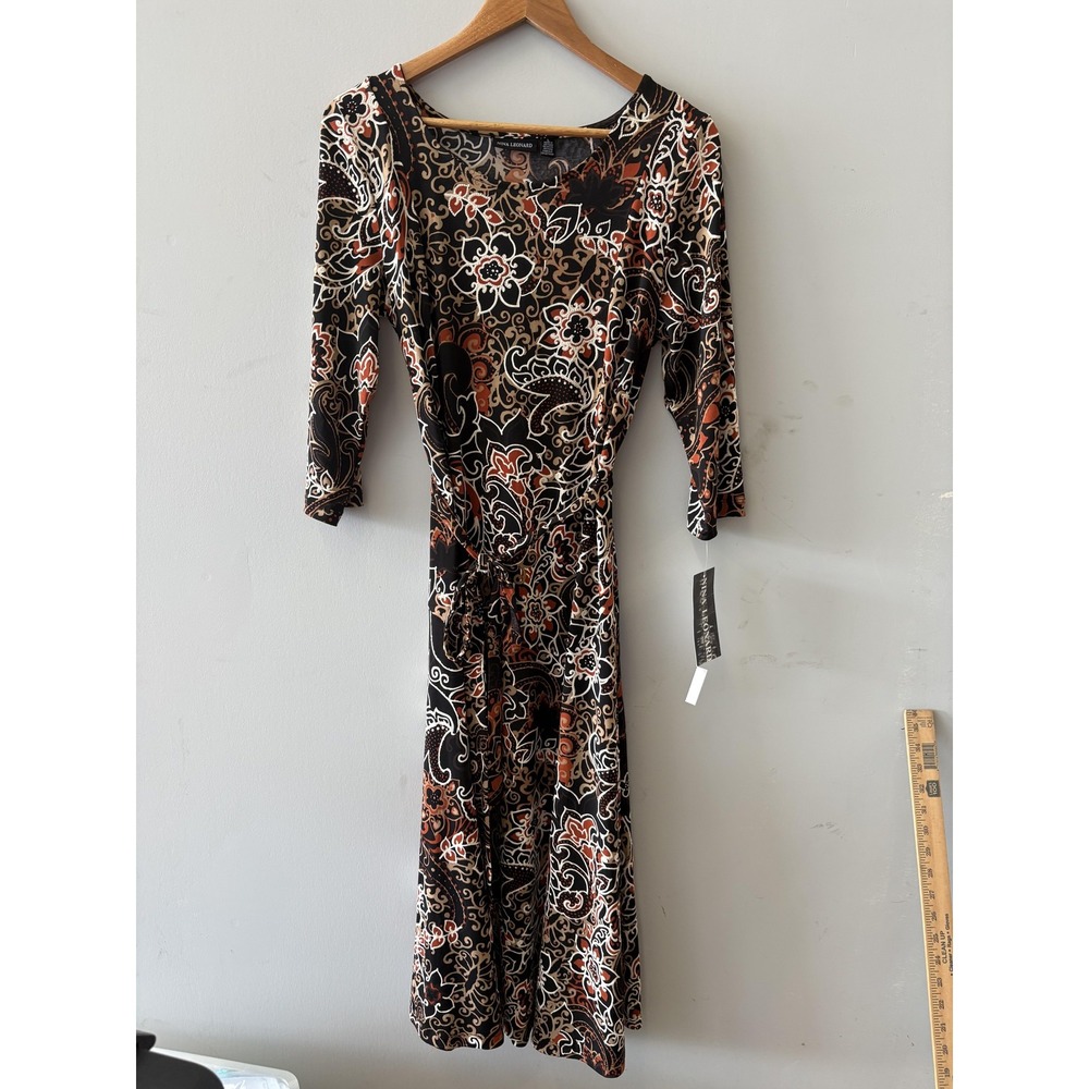 Nina Leonard Dress Womens L Black Rust Paisley Belted Jersey Maxi 3/4 Sleeve